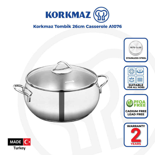 Korkmaz Tombik Stainless Steel Stock Pot (Soup Pot) - 26x12cm, Induction Compatible, Made in Turkey