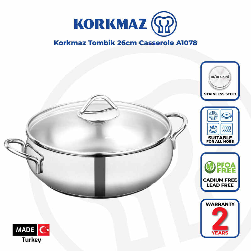 Korkmaz Tombik Stainless Steel Stock Pot (Soup Pot) - 26x9cm, Induction Compatible, Made in Turkey