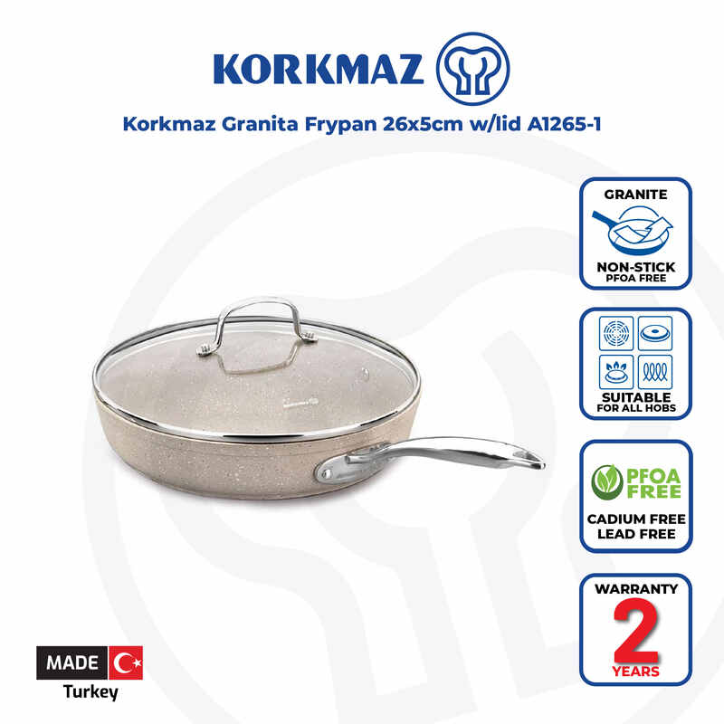 Korkmaz Granita Non-Stick Frying Pan with Glass Lid - 26x5cm, PFOA FREE, Made in Turkey, Induction Compatible