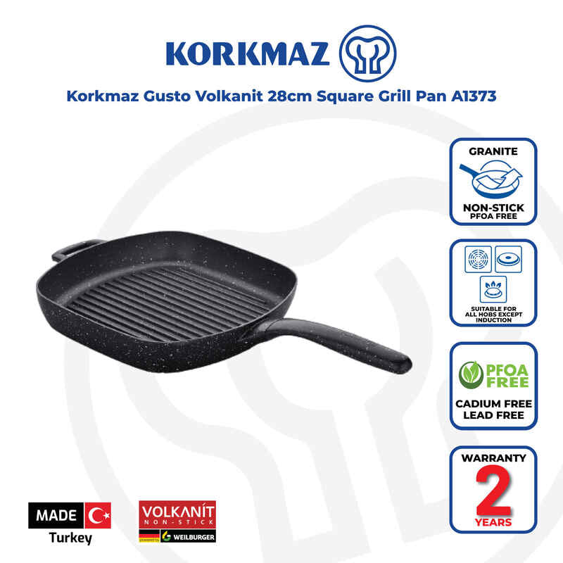 Korkmaz Gusto Volkanit Non-Stick Grill Pan - 28x28cm, Free From PFOA, Cadmium, and Lead, Made in Turkey