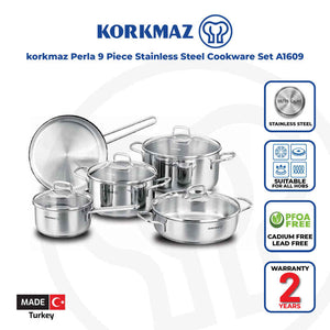 Korkmaz Perla Stainless Steel 9 Piece Cookware Set - Made in Turkey, Induction Compatible