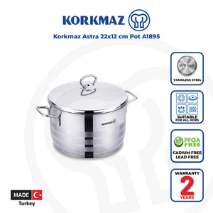 Korkmaz Astra Stainless Steel Stock Pot with Lid - 22x12cm, Induction Compatible, Made In Turkey