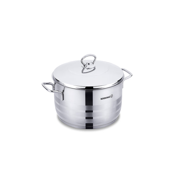 Korkmaz Astra Stainless Steel Stock Pot with Lid - 22x12cm, Induction Compatible, Made In Turkey