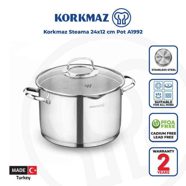 Korkmaz Steama Stainless Steel Cooking Pot with Glass Lid - 24x12cm, Made in Turkey, Induction Compatible