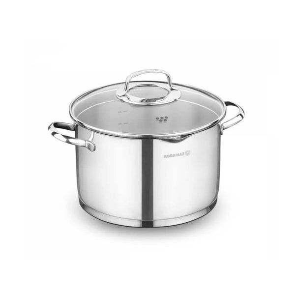 Korkmaz Steama Stainless Steel Cooking Pot with Glass Lid - 24x12cm, Made in Turkey, Induction Compatible