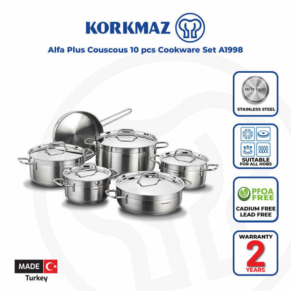 Korkmaz Alfa Stainless Steel 10 Piece Cookware Set - Made in Turkey, Induction Compatible