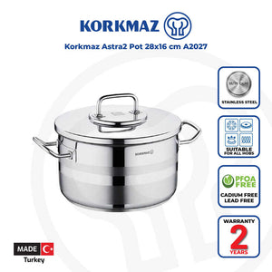 Korkmaz Astra2 Stainless Steel Stock Pot with Lid - 28x16cm, Made in Turkey, Induction Compatible