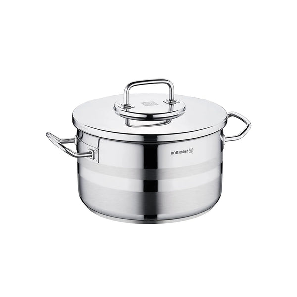 Korkmaz Astra2 Stainless Steel Stock Pot with Lid - 28x16cm, Made in Turkey, Induction Compatible