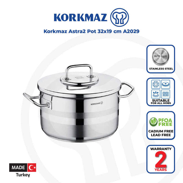 Korkmaz Astra2 Stainless Steel Stock Pot with Lid - 32x19cm, Made in Turkey, Induction Compatible