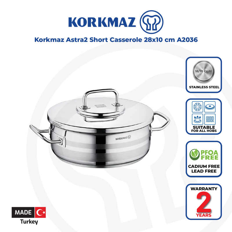 Korkmaz Astra2 Stainless Steel Cooking Pot with Lid - 28x10cm, Made in Turkey, Induction Compatible