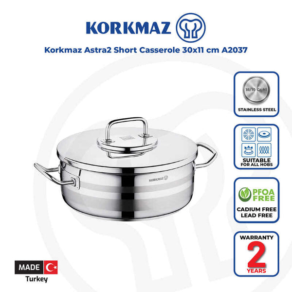 Korkmaz Astra2 Stainless Steel Cooking Pot with Lid - 30x11cm, Made in Turkey, Induction Compatible