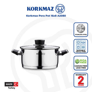 Korkmaz Pera Stainless Steel Cooking Pot with Glass Lid - 16x8cm, Made in Turkey, Induction Compatible