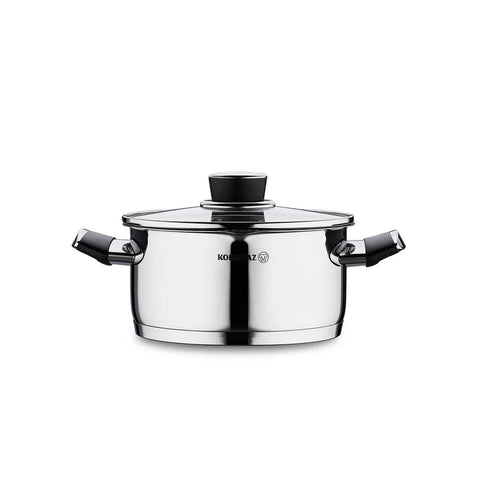 Korkmaz Pera Stainless Steel Cooking Pot with Glass Lid - 16x8cm, Made in Turkey, Induction Compatible