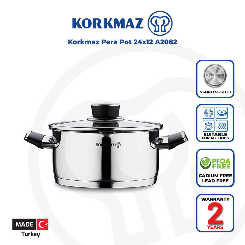 Korkmaz Pera Stainless Steel Cooking Pot with Glass Lid - 24x12cm, Made in Turkey, Induction Compatible