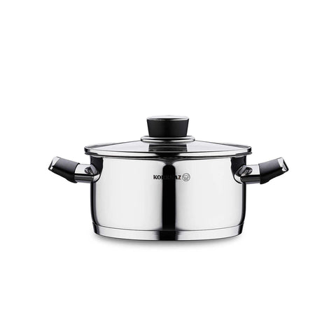 Korkmaz Pera Stainless Steel Cooking Pot with Glass Lid - 24x12cm, Made in Turkey, Induction Compatible