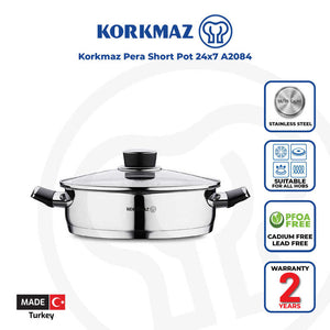 Korkmaz Pera Stainless Steel Cooking Pot with Glass Lid - 24x7cm, Made in Turkey, Induction Compatible