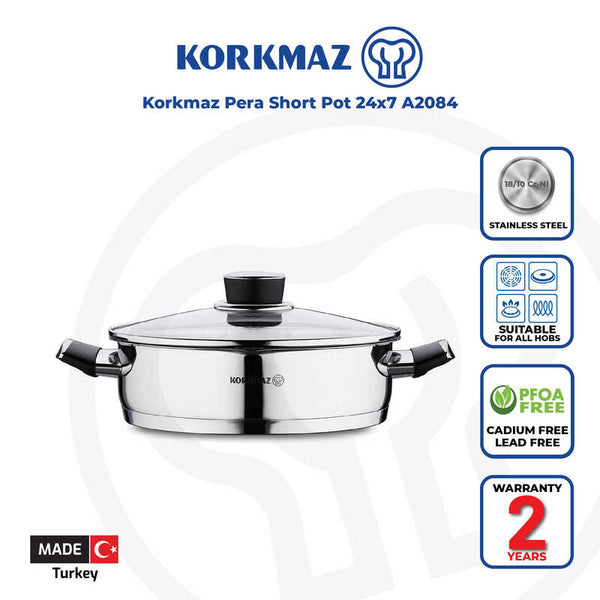 Korkmaz Pera Stainless Steel Cooking Pot with Glass Lid - 24x7cm, Made in Turkey, Induction Compatible