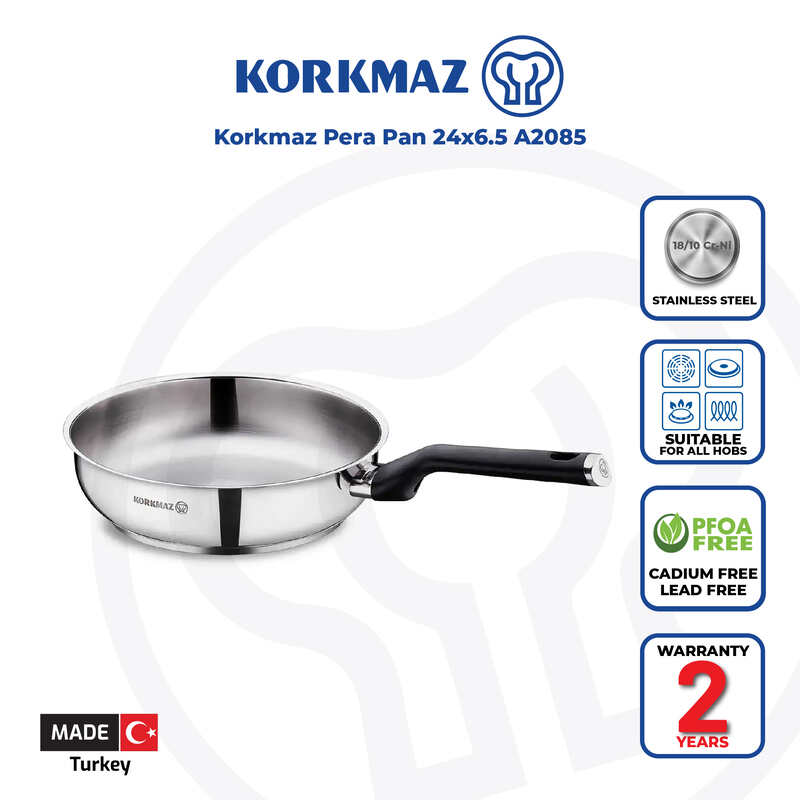 Korkmaz Pera Stainless Steel Frying Pan - 24x6.5cm, Made in Turkey, Induction Compatible