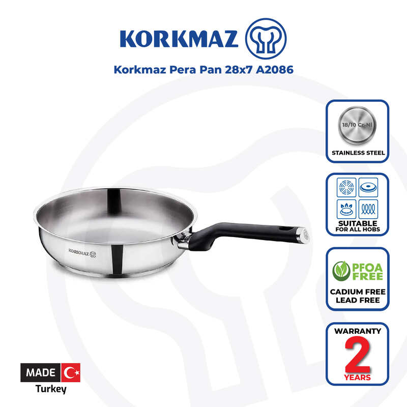 Korkmaz Pera Stainless Steel Frying Pan - 28x7cm, Made in Turkey, Induction Compatible