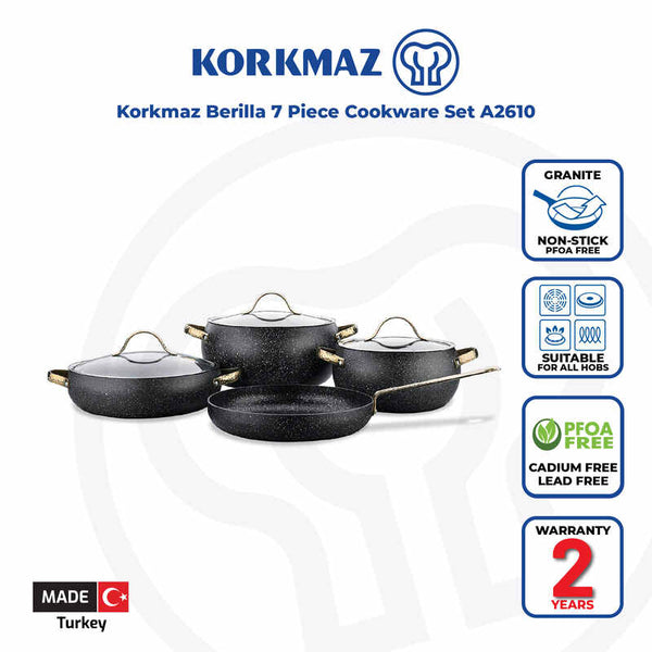 Korkmaz Berilla 7-Piece Non Stick Cookware Set with Glass Lid - Induction Compatible, PFOA Free, Made In Turkey