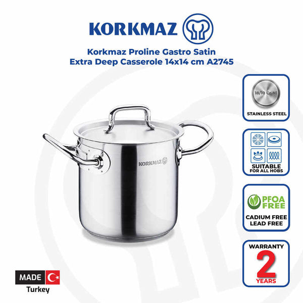 Korkmaz Proline Gastro Satin Stainless Steel Stock Pot with Lid - 14x14cm, Induction Compatible, Made In Turkey