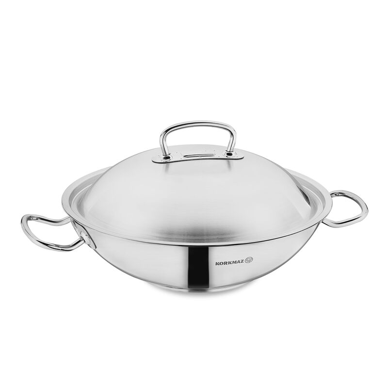 Korkmaz Proline Stainless Steel Wok with Lid - 32x9 cm, Induction Compatible, Made in Turkey