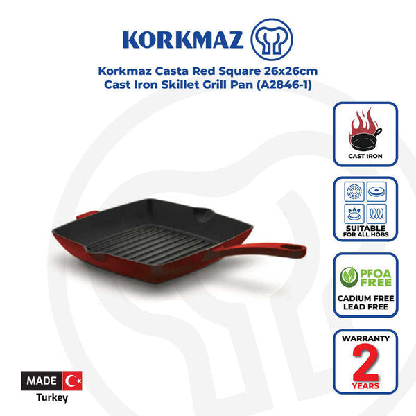 Korkmaz 26x26 cm Red Cast Iron Square Grill Pan - Made in Turkey