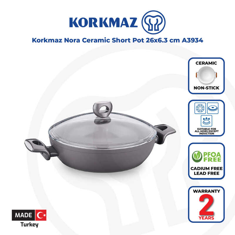 Korkmaz Nora Non-Stick Ceramic Pot with Glass Lid - 26x6.3cm, PFOA Free, Made in Turkey, Non Induction Compatible