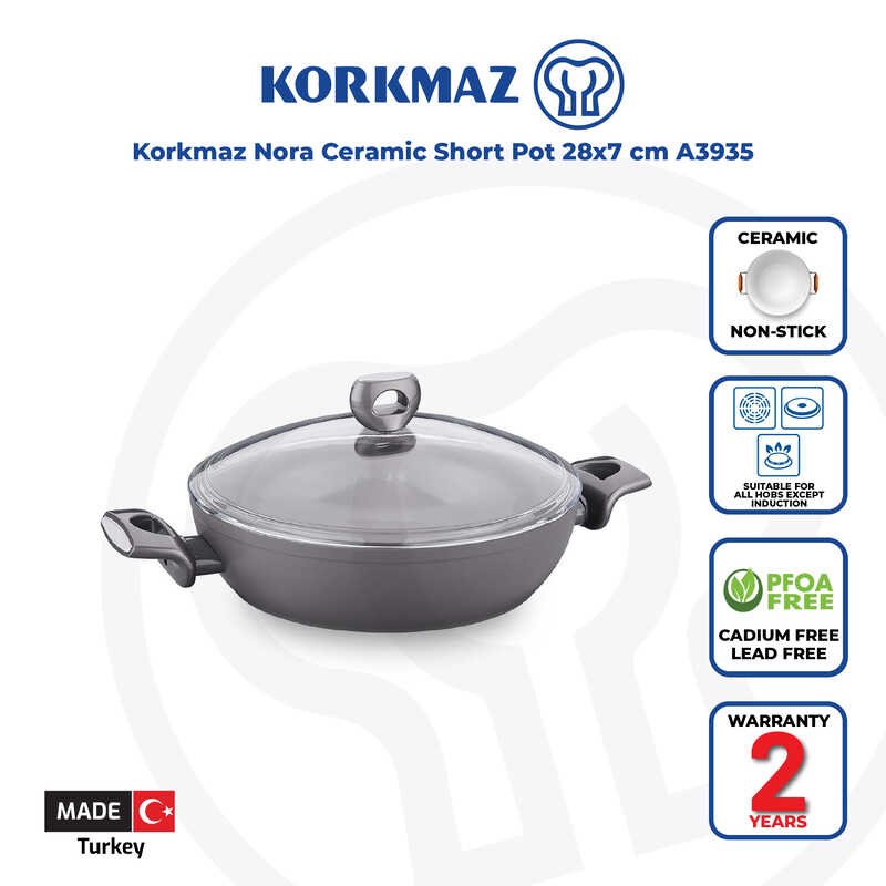 Korkmaz Nora Non-Stick Ceramic Pot with Glass Lid - 28x7cm, PFOA Free, Made in Turkey, Non Induction Compatible