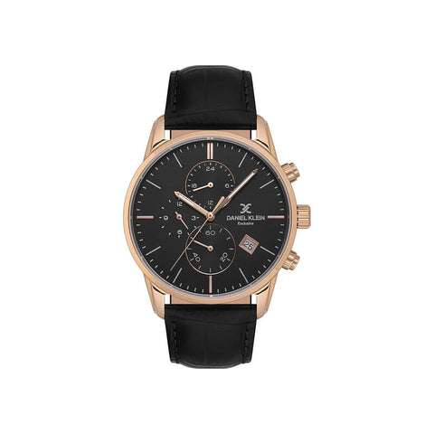 Daniel Klein Exclusive Men Chronograph Watch DK.1.13834-5 Black Genuine Leather Strap