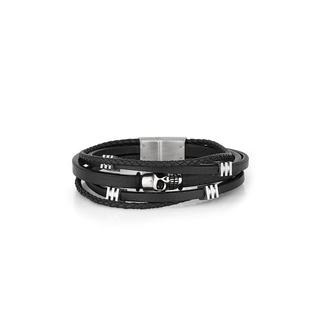 Daniel Klein Skull Men's Bracelet DKJ.2.1002-2 Black Cowhide Braided Multi Layer Men Bangle