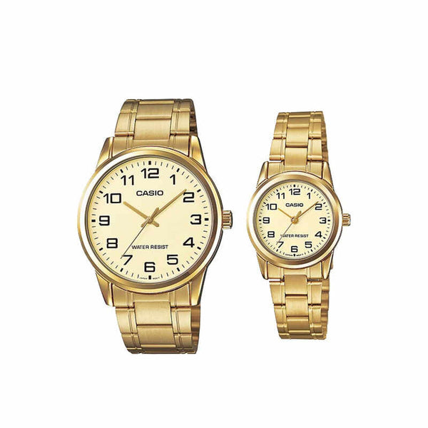 Casio Couple Analog Watch MTP/LTP-V001G-9B Gold Stainless Steel Strap