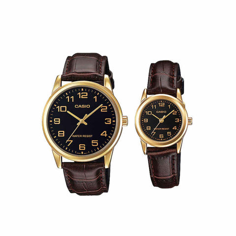 Casio Couple Analog Watch MTP/LTP-V001GL-1B Brown Leather Strap