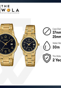 Casio Couple Analog Watch MTP/LTP-V002G-1B Gold Stainless Steel Strap