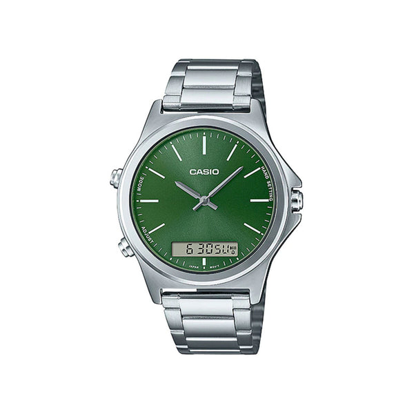 Casio Men's Analog-Digital Watch MTP-VC01D-3E Green Dial with Stainless Steel Band Watch for Men