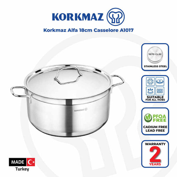 Korkmaz Alfa Stainless Steel Stock Pot (Soup Pot) - 18x10cm, Induction Compatible, Made in Turkey