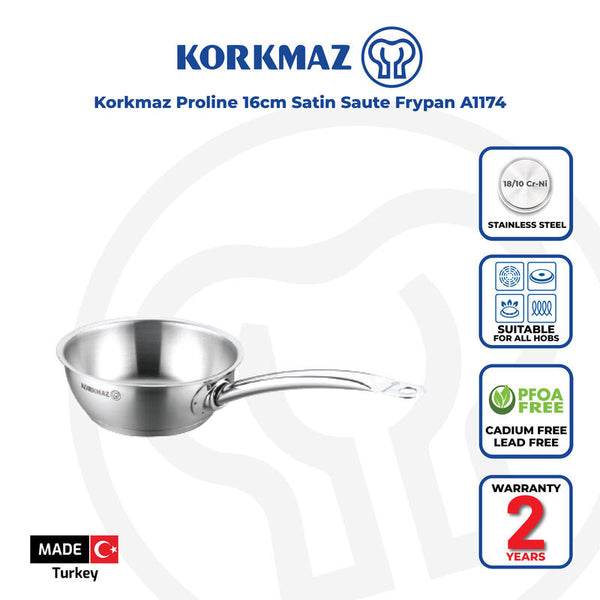 Korkmaz Proline Satin Stainless Steel Frying Pan - 16x6cm, Induction Compatible, Made in Turkey