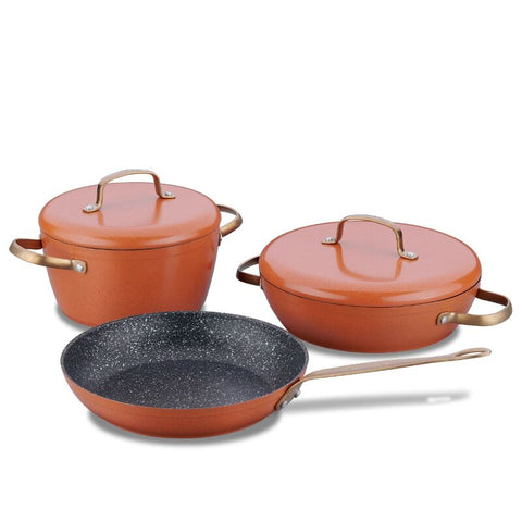 Korkmaz Vintage Pots and Pans Set Nonstick, Brown Granite Kitchen Cookware Sets, 5 Pcs Non Stick Cooking Set w/ Frying Pans & Casserole (PFOS , PFOA Free)