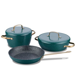 Korkmaz Vintage Pots and Pans Set Nonstick, Green Granite Kitchen Cookware Sets, 5 Pcs Non Stick Cooking Set w/ Frying Pans & Casserole (PFOS , PFOA Free)