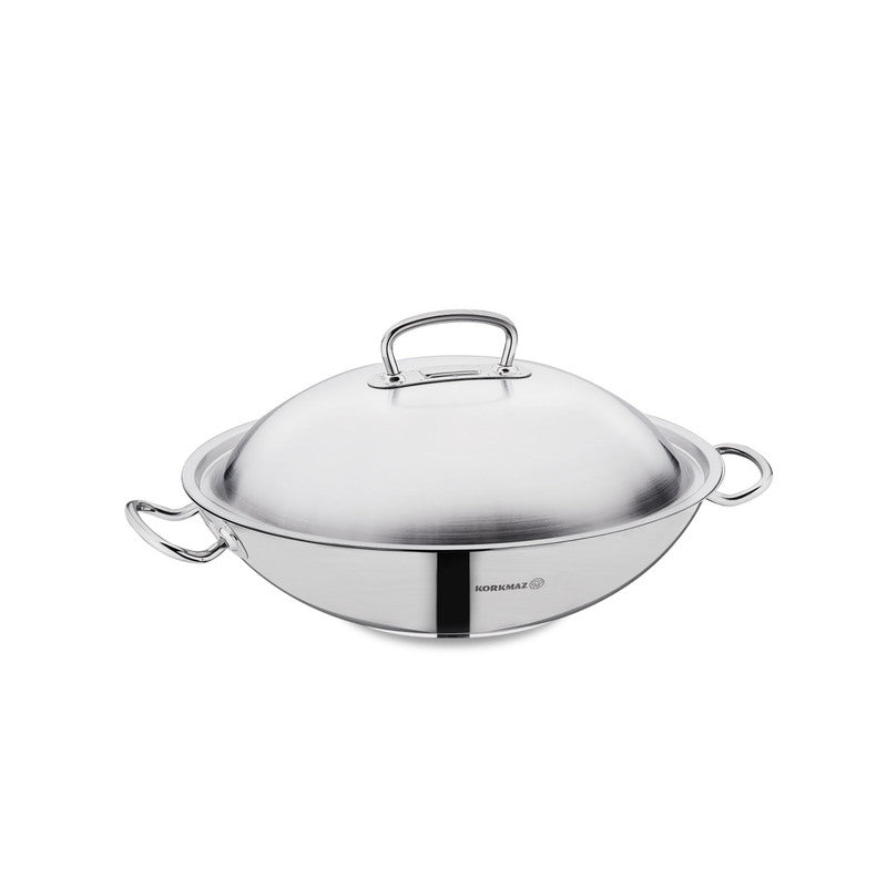 Korkmaz Proline Stainless Steel Wok with Lid - 36x9 cm, Induction Compatible, Made in Turkey