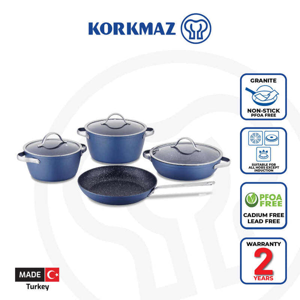 Korkmaz Azura 7-Piece Non-Stick Cookware Set - Gas Stove Compatible, Stock Pot Set with Frying Pan, Made in Turkey