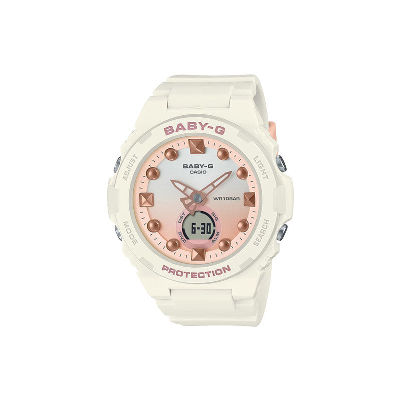 Casio Baby-G BGA-320-7A1 Playful Beach Series Women's Sport Watch with White Resin Band and Rose Gold Dial