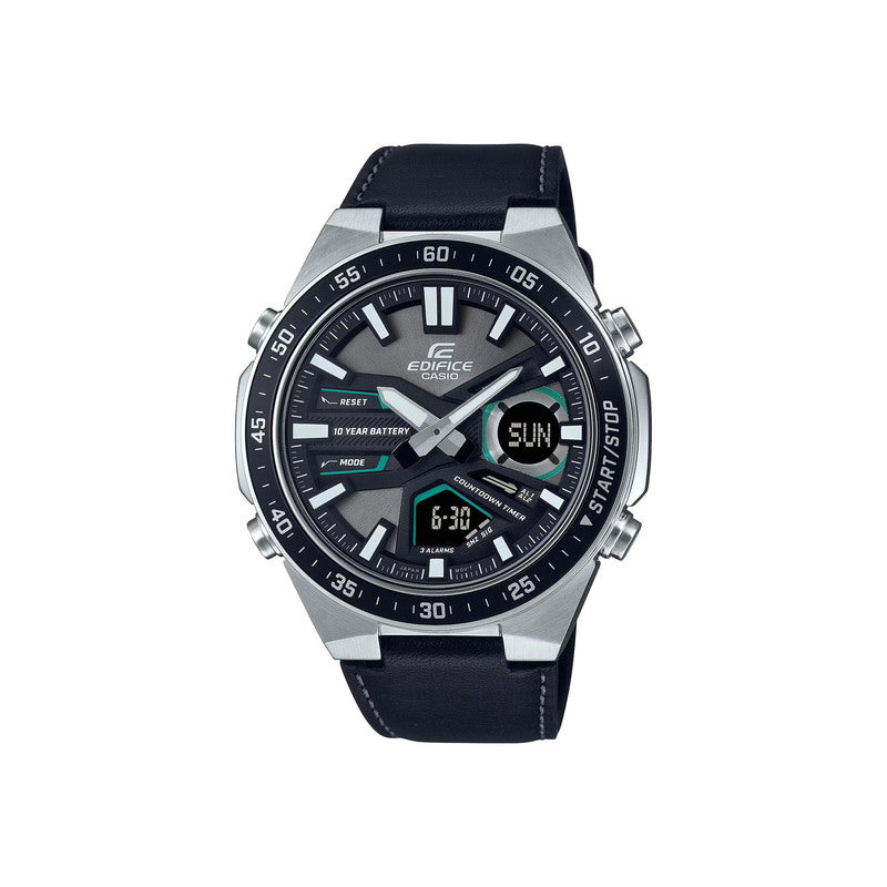 Edifice EFV-C110L-1AV Analog-Digital Men's Watch with Black Leather Band and 10-Year Battery Life