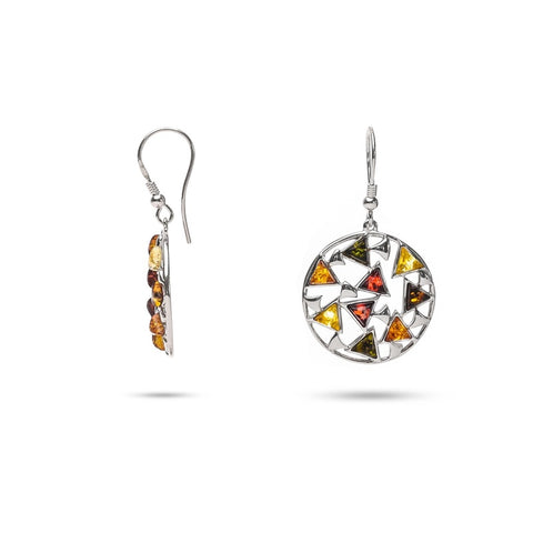 MILLENNE Multifaceted Baltic Amber Mulitple Studded Circular Silver Hook Earrings with 925 Sterling Silver