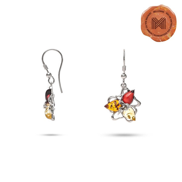 MILLENNE Multifaceted Baltic Amber Triangle Composition Silver Hook Earrings with 925 Sterling Silver