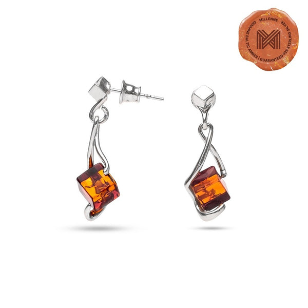 MILLENNE Multifaceted Baltic Amber Cuboid Silver Earrings with 925 Sterling Silver