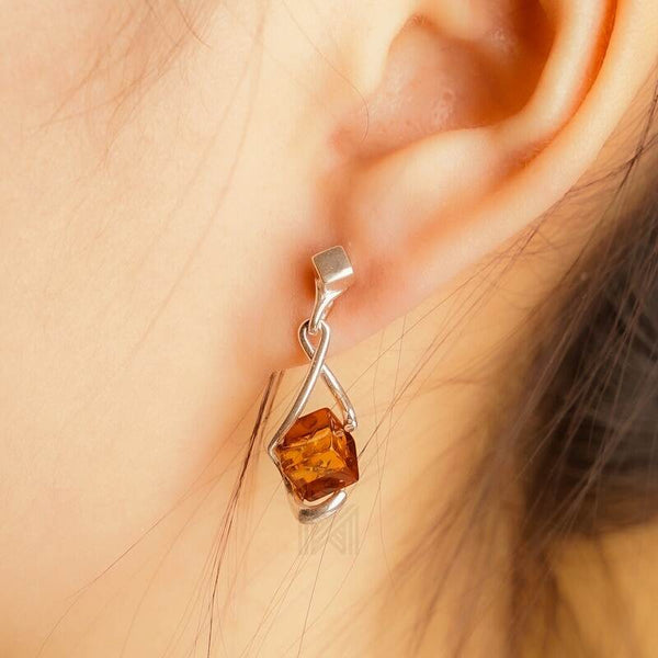 MILLENNE Multifaceted Baltic Amber Cuboid Silver Earrings with 925 Sterling Silver