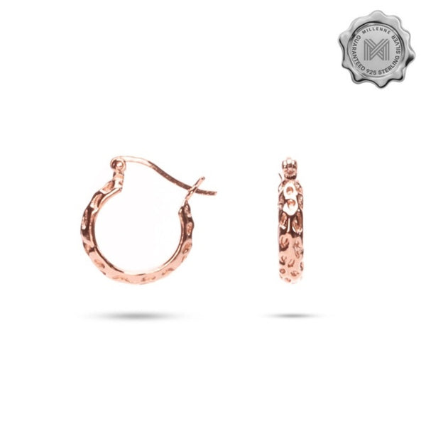 MILLENNE Minimal Rustic Finish Rose Gold Hoop Earrings with 925 Sterling Silver