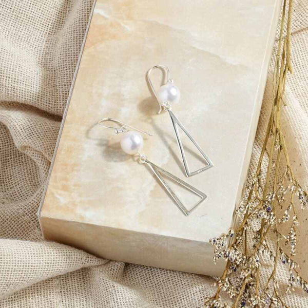 MILLENNE Millennia 2000 Freshwater Pearls Triangle Hook and Beaded Silver Dangle Earrings with 925 Sterling Silver