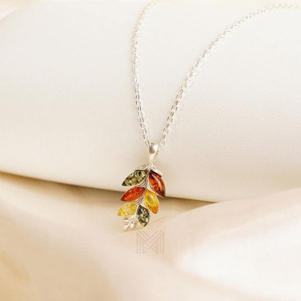 MILLENNE Multifaceted Baltic Amber Graduated Leaf Silver Pendant with 925 Sterling Silver